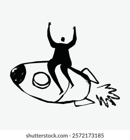Silhouette of a person riding a rocket, arms raised. Rocket illustration symbolizes adventure, success, and innovation. Black and white sketch style. Simple black line art doodle vector.