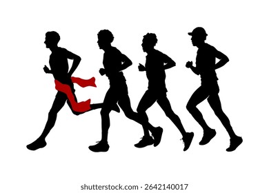 Silhouette of a person running across the finish line isolated on white background. Marathon finish line illustration.