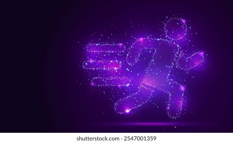 Silhouette of a person running made of glowing, multicolored dots, resembling stars. The particles symbolize energy, movement, and the pursuit of health and freedom.