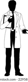 Silhouette person scientist, engineer or professor man in a lab coat. Holding clipboard checklist. Possibly performing experiment or surveying. Alternatively a chemist, science teacher or pharmacist.