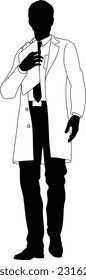 Silhouette person scientist, engineer or professor man in a lab coat. Holding clipboard checklist. Possibly performing experiment or surveying. Alternatively a chemist, science teacher or pharmacist.