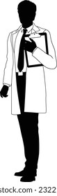 Silhouette person scientist, engineer or professor man in a lab coat. Holding clipboard checklist. Possibly performing experiment or surveying. Alternatively a chemist, science teacher or pharmacist.