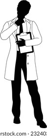 Silhouette person scientist, engineer or professor man in a lab coat. Holding clipboard checklist. Possibly performing experiment or surveying. Alternatively a chemist, science teacher or pharmacist.