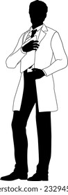 Silhouette person scientist, engineer or professor man in a lab coat. Holding clipboard checklist. Possibly performing experiment or surveying. Alternatively a chemist, science teacher or pharmacist.