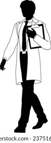 Silhouette person scientist, engineer or professor man in a lab coat. Holding clipboard checklist. Possibly performing experiment or surveying. Alternatively a chemist, science teacher or pharmacist.