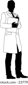 Silhouette person scientist, engineer or professor man in a lab coat. Holding clipboard checklist. Possibly performing experiment or surveying. Alternatively a chemist, science teacher or pharmacist.