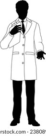 Silhouette person scientist, engineer or professor man in a lab coat. Holding clipboard checklist. Possibly performing experiment or surveying. Alternatively a chemist, science teacher or pharmacist.