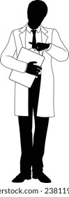 Silhouette person scientist, engineer or professor man in a lab coat. Holding clipboard checklist. Possibly performing experiment or surveying. Alternatively a chemist, science teacher or pharmacist.