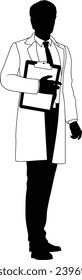 Silhouette person scientist, engineer or professor man in a lab coat. Holding clipboard checklist. Possibly performing experiment or surveying. Alternatively a chemist, science teacher or pharmacist.