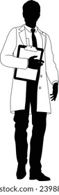 Silhouette person scientist, engineer or professor man in a lab coat. Holding clipboard checklist. Possibly performing experiment or surveying. Alternatively a chemist, science teacher or pharmacist.