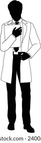 Silhouette person scientist, engineer or professor man in a lab coat. Holding clipboard checklist. Possibly performing experiment or surveying. Alternatively a chemist, science teacher or pharmacist.