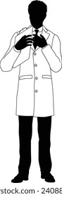 Silhouette person scientist, engineer or professor man in a lab coat. Holding clipboard checklist. Possibly performing experiment or surveying. Alternatively a chemist, science teacher or pharmacist.