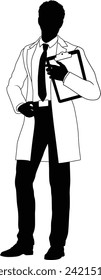 Silhouette person scientist, engineer or professor man in a lab coat. Holding clipboard checklist. Possibly performing experiment or surveying. Alternatively a chemist, science teacher or pharmacist.