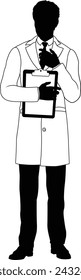 Silhouette person scientist, engineer or professor man in a lab coat. Holding clipboard checklist. Possibly performing experiment or surveying. Alternatively a chemist, science teacher or pharmacist.