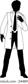 Silhouette person scientist, engineer or professor man in a lab coat. Holding clipboard checklist. Possibly performing experiment or surveying. Alternatively a chemist, science teacher or pharmacist.