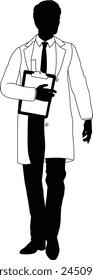 Silhouette person scientist, engineer or professor man in a lab coat. Holding clipboard checklist. Possibly performing experiment or surveying. Alternatively a chemist, science teacher or pharmacist.