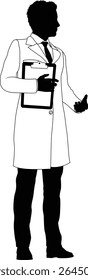 Silhouette person scientist, engineer or professor man in a lab coat. Holding clipboard checklist. Possibly performing experiment or surveying. Alternatively a chemist, science teacher or pharmacist.