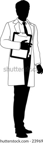 Silhouette person scientist, engineer or professor man in a lab coat. Holding clipboard checklist. Possibly performing experiment or surveying. Alternatively a chemist, science teacher or pharmacist.