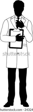 Silhouette person scientist, engineer or professor man in a lab coat. Holding clipboard checklist. Possibly performing experiment or surveying. Alternatively a chemist, science teacher or pharmacist.