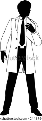 Silhouette person scientist, engineer or professor man in a lab coat. Holding clipboard checklist. Possibly performing experiment or surveying. Alternatively a chemist, science teacher or pharmacist.