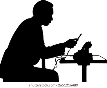 The silhouette of a person seated at a desk, using what appears to be an old rotary phone, is depicted in a minimalist, suggesting a scene of focused communication or work in a vintage office setting