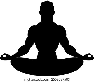 Silhouette of a person in a seated meditation pose, sitting cross-legged with hands resting on the knees, forming a mudra. Represents relaxation, inner peace, and well-being.