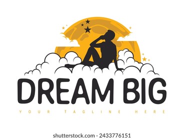 A silhouette of a person sits on top of clouds gazing at his big dream.