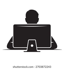 Una silueta de una persona sentada en un escritorio usando una computadora. El monitor es Grande y rectangular. La persona está alejada del espectador. Diseño en blanco y negro.