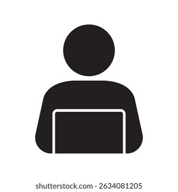 Silhouette of a person sitting with a laptop in front of them against a plain background