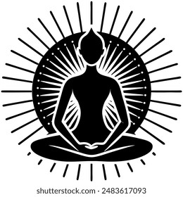 Silhouette of a person sitting in lotus position in front of a sun