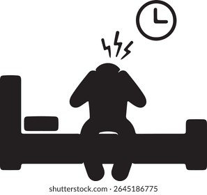Silhouette of a person sitting on a bed with their head in their hands, indicating stress. A clock is above them.