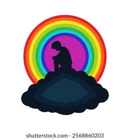 A silhouette of a person sitting on a dark cloud, with a rainbow forming a halo around them.