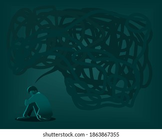 Silhouette of person sitting on the floor stressed, overthinking, loneliness with dark thought bubble overhead. Suffering from anxiety. disorder design symbol concept. Illustration vector