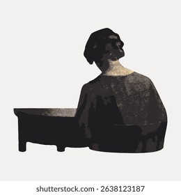 Silhouette of a person sitting at a piano, facing away. The image is a textured, abstract representation, focusing on music and artistic expression. Vintage character art illustration vector.