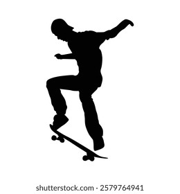 Silhouette of a person skateboarding on a black and white background