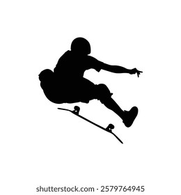 Silhouette of a person skateboarding on a black and white background