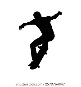 Silhouette of a person skateboarding on a black and white background