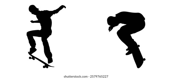 Silhouette of a person skateboarding on a black and white background set.