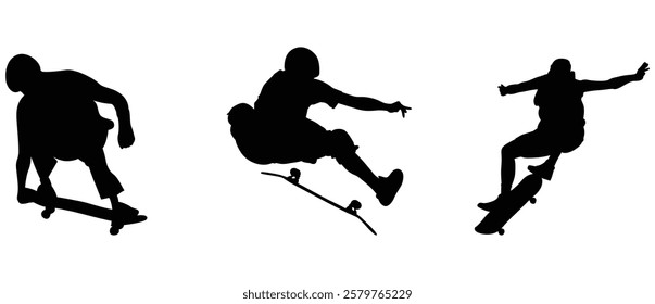 Silhouette of a person skateboarding on a black and white background set.