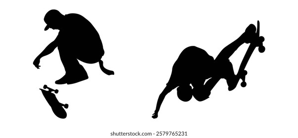 Silhouette of a person skateboarding on a black and white background set.