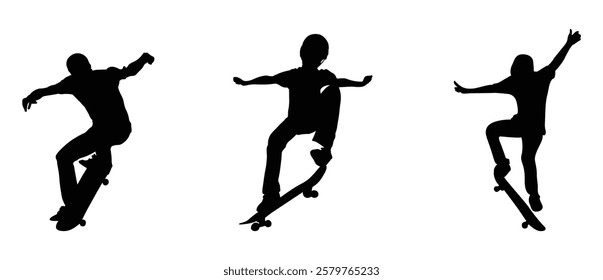 Silhouette of a person skateboarding on a black and white background set.