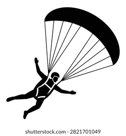 Silhouette of a person skydiving with a deployed parachute, falling through the air