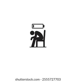 A silhouette of a person slumped in a chair beneath a low battery icon, symbolizing exhaustion and low energy. Represents fatigue, stress, and the need for rest in a modern lifestyle.