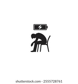 Silhouette of a person slumped over a chair, depicting exhaustion and low energy, represented by a low battery symbol above their head. Perfect for illustrating fatigue and burnout concepts.
