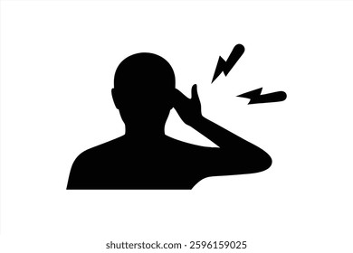 A silhouette of a person with a smooth, bald head holding their hand to their temple. Lightning bolts symbolize the pain and discomfort of a headache, conveying distress.