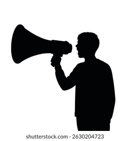 Silhouette of a person speaking into a megaphone for announcement or communication purpose