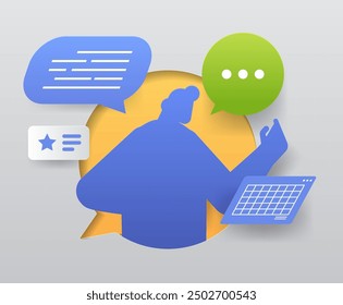 Silhouette person with speech bubbles communication concept paper cut style Blue figure with speech bubbles and tablet on gradient background.