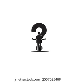 Silhouette of a person standing with arms open in front of a large question mark. The image symbolizes uncertainty and curiosity, perfect for concepts involving decision making and mystery.