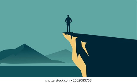 a silhouette of a person standing boldly on the edge of a cliff