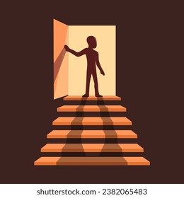 Silhouette Of Person Standing At The Door Above The Stairs illustration Vector